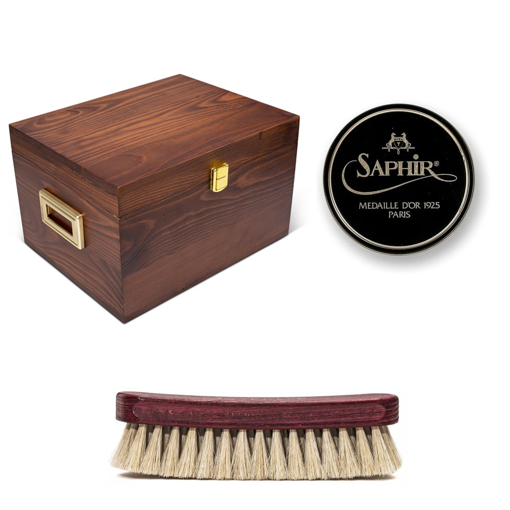 Skoplejeboks i valnød, Saphir Pate De Luxe (50 ml) og en skobørste