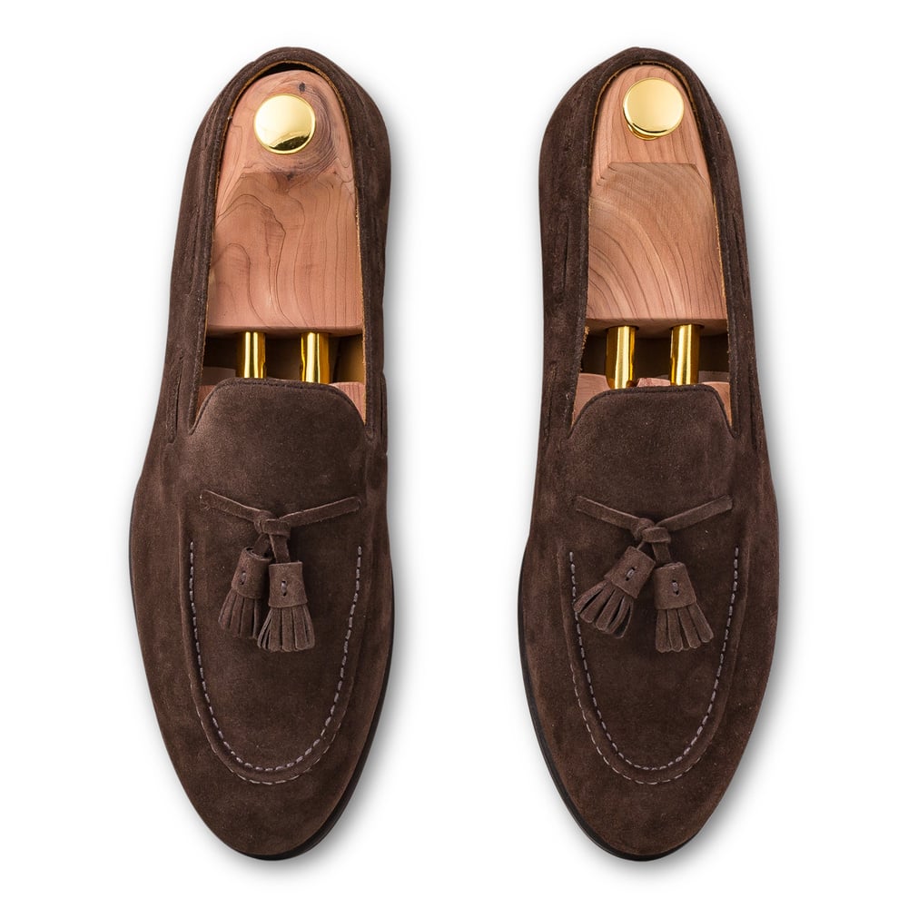 Skolyx mørkebrun ruskind tassel loafer lædersål