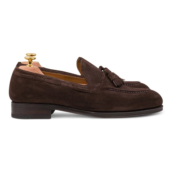 Skolyx mocassin à pompons en suède marron foncé à semelle cuir
