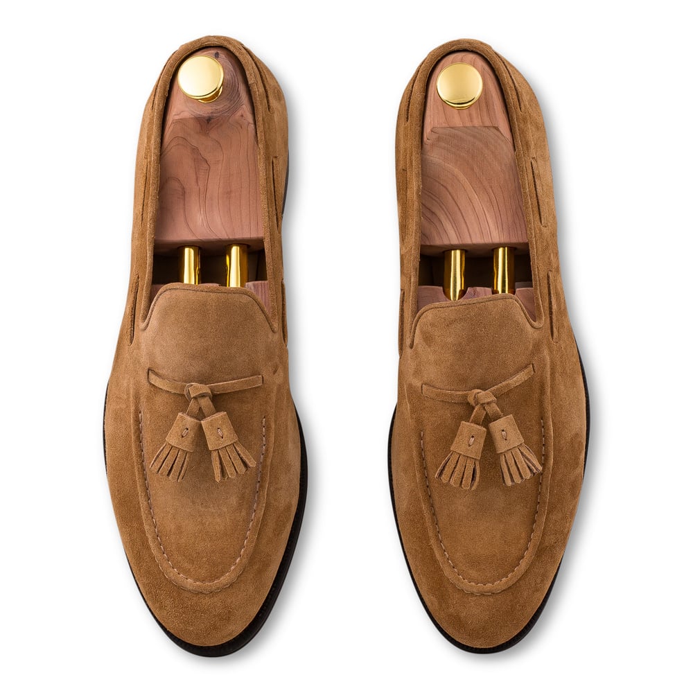 Skolyx lysebrun ruskind tassel loafer lædersål