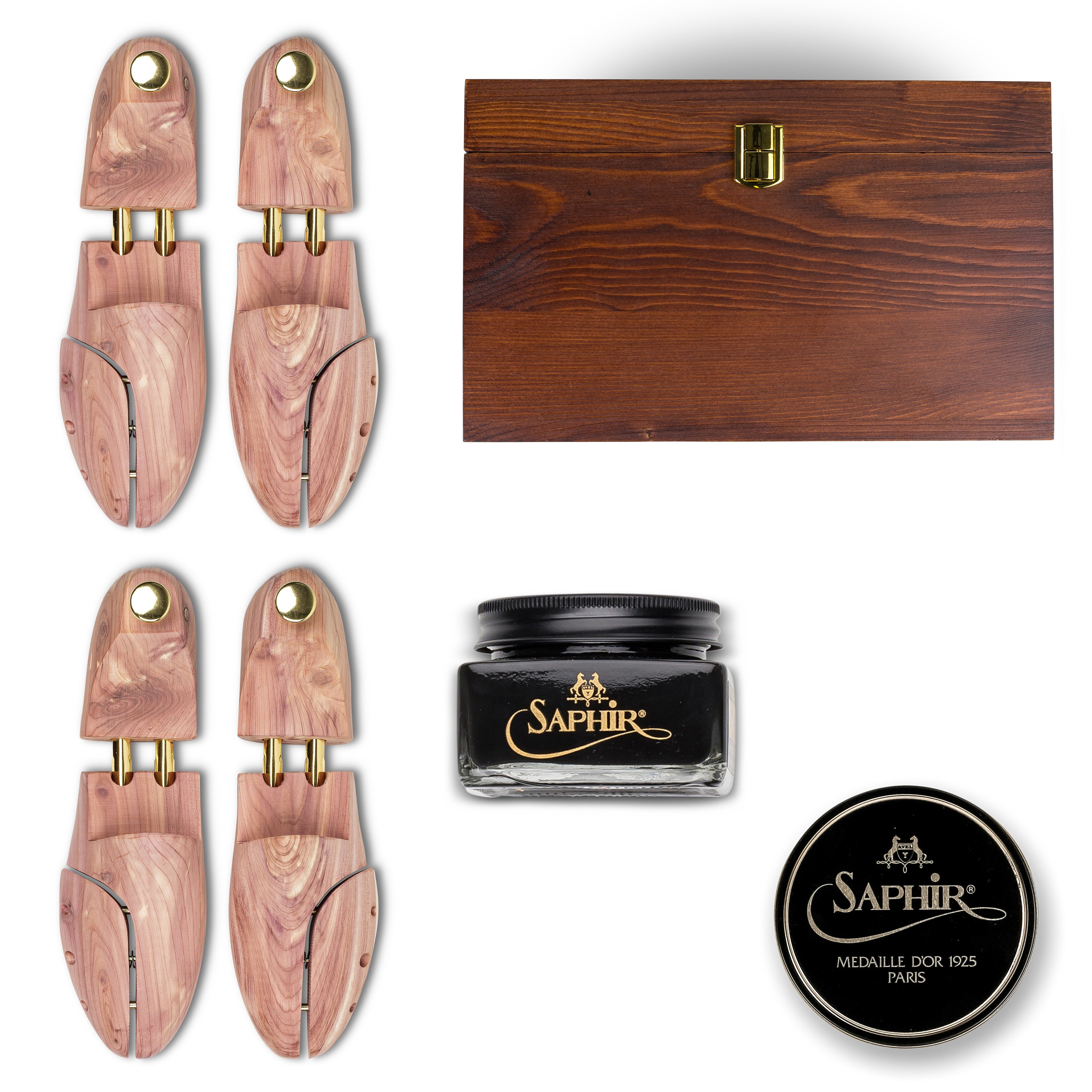 Zwei Paar Schuhspanner, Schuhpflegebehälter, Saphir Creme Pommadier und Saphir Pate de Lux