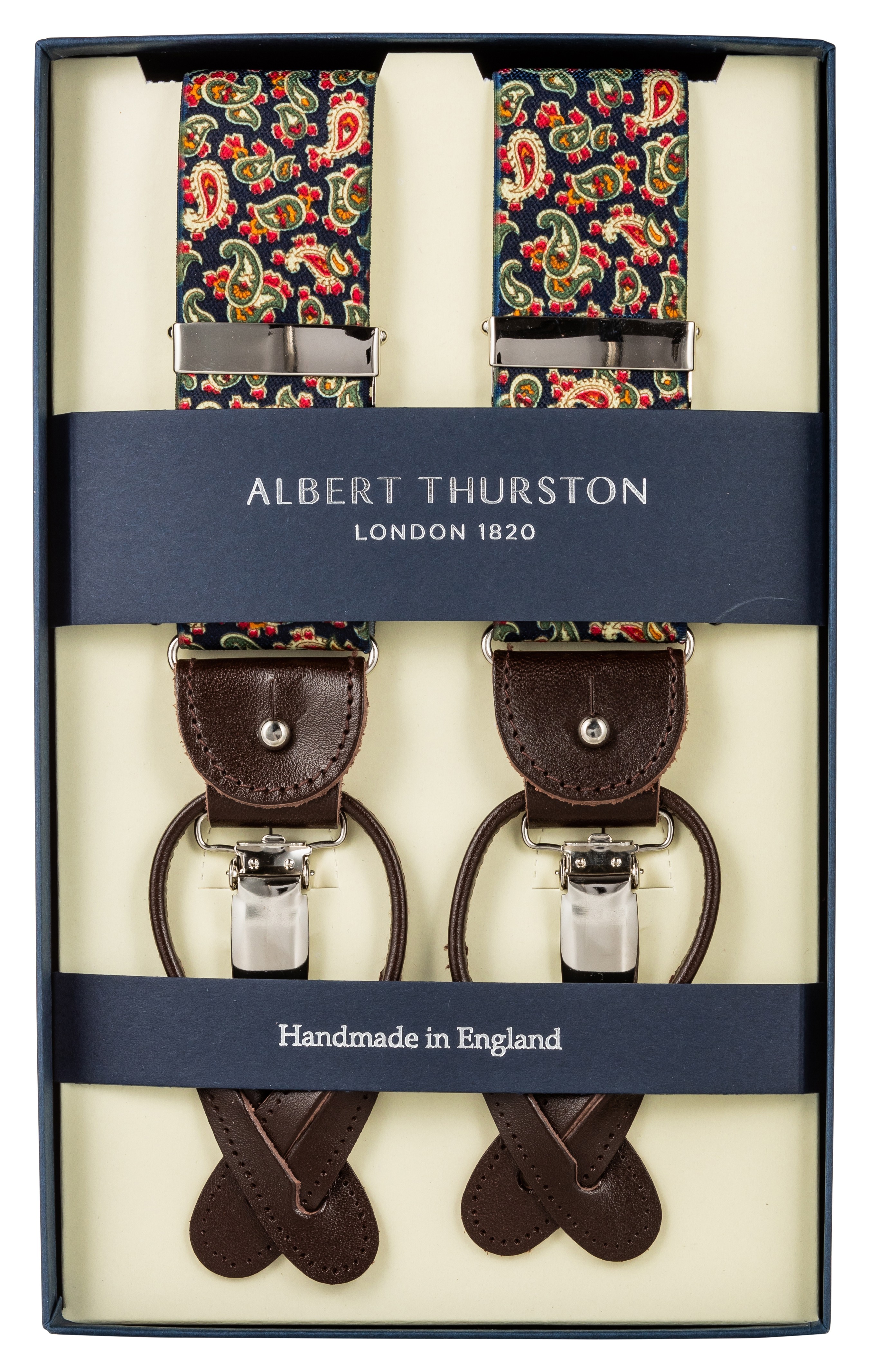 Albert Thurston Hosenträger navy mit grünem und rotem Paisley