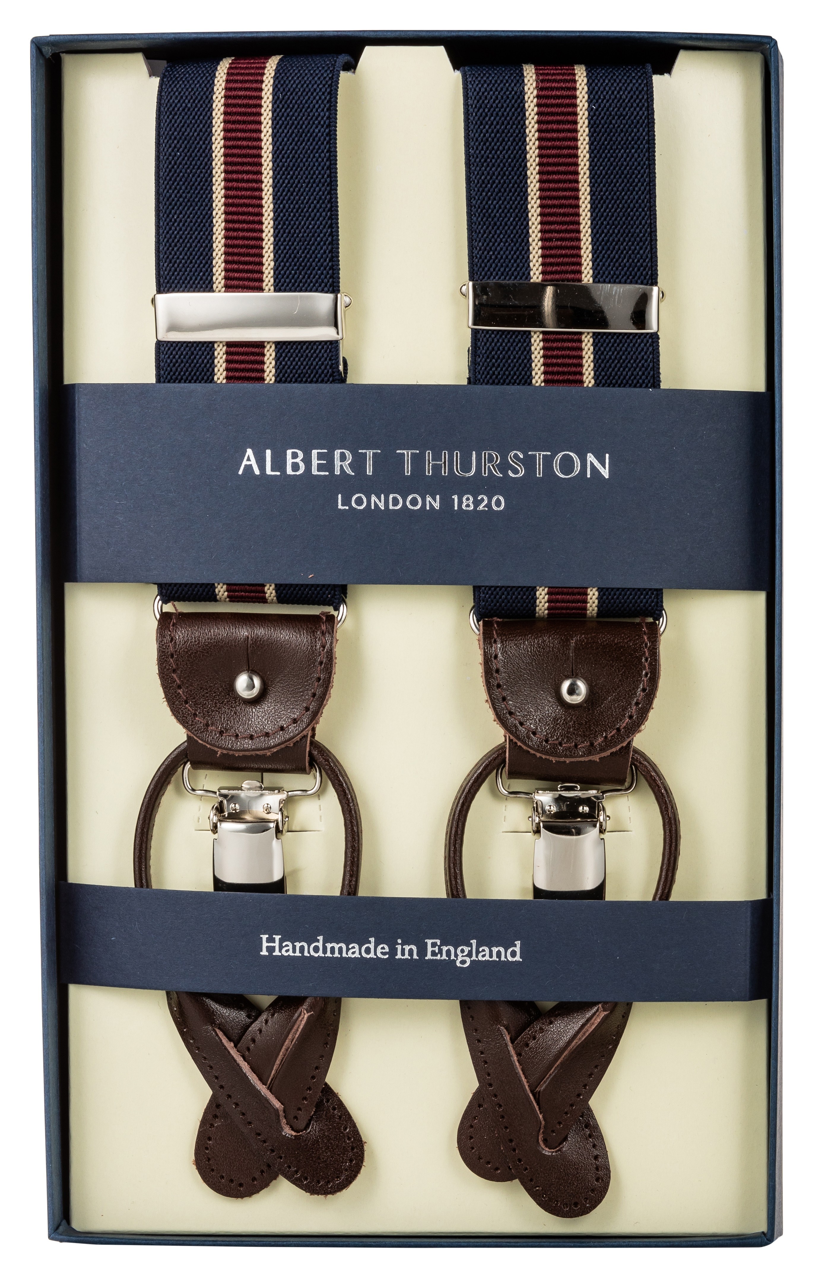 Albert Thurston Hosenträger navy mit rotem und beigem Streifen
