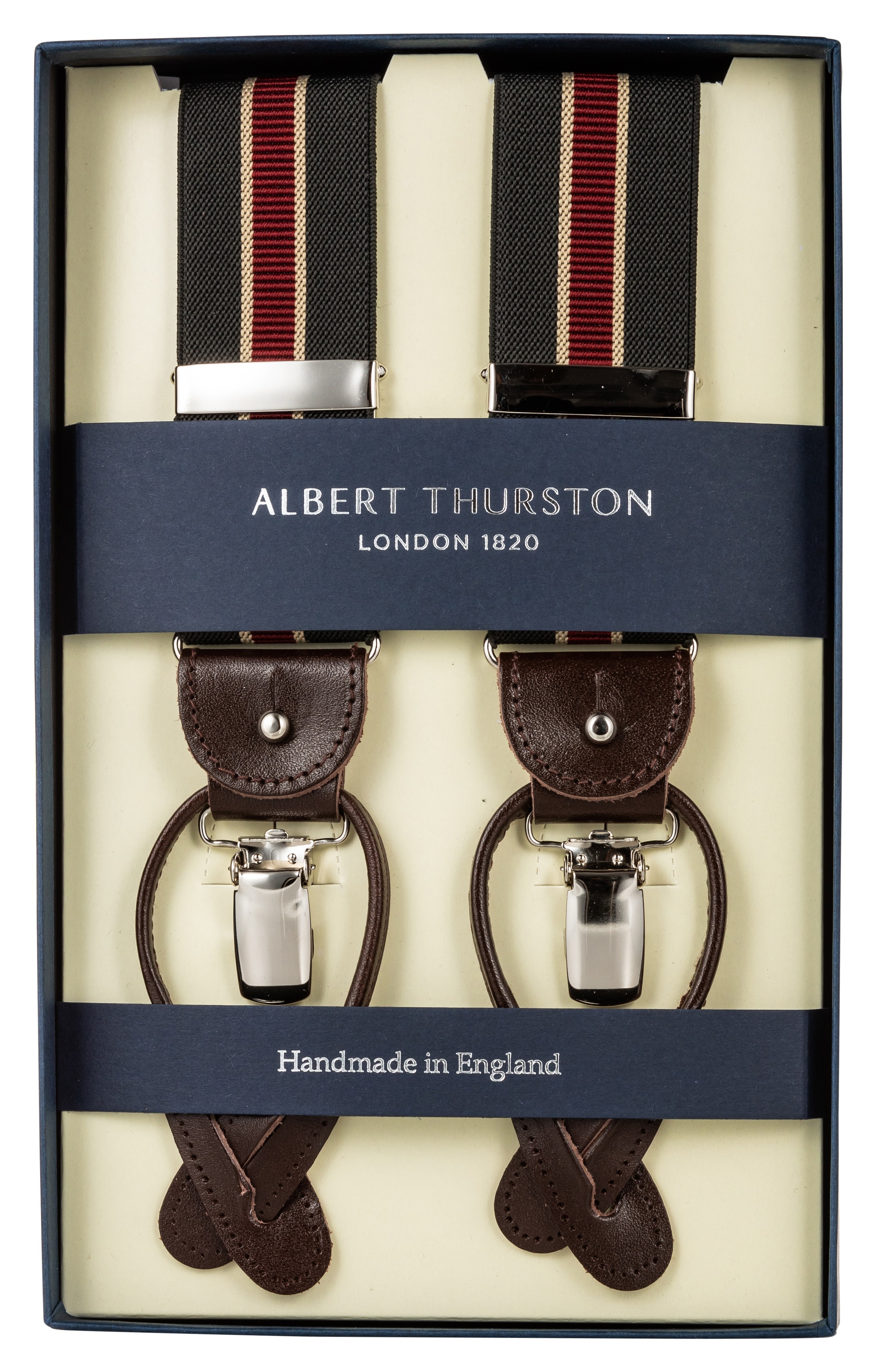 Albert Thurston Hosenträger schwarz mit roten und beigen Streifen
