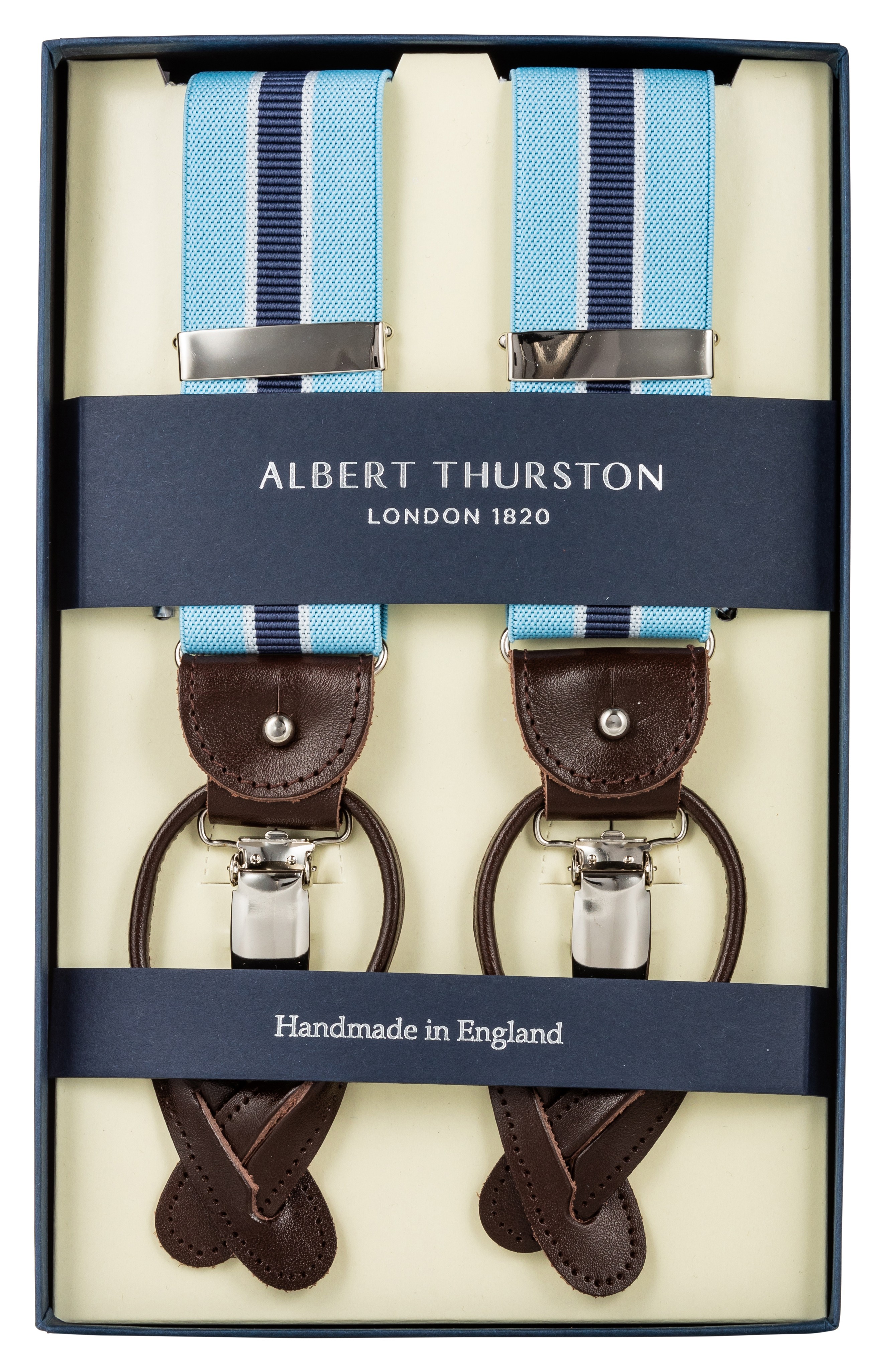 Albert Thurston Hosenträger himmelblau mit weißen und marineblauen Streifen