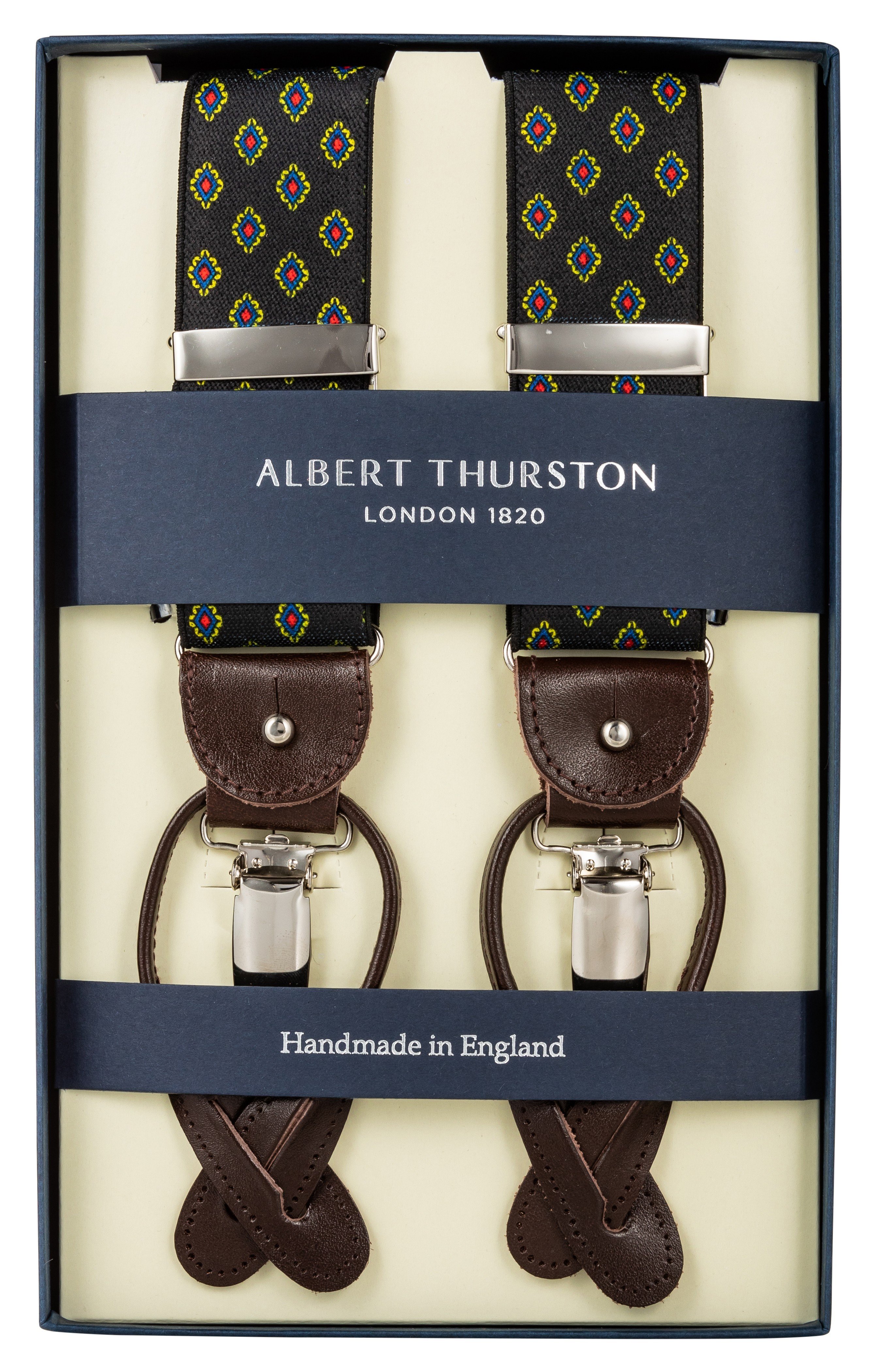 Albert Thurston Hosenträger schwarz mit blau-gelbem Muster