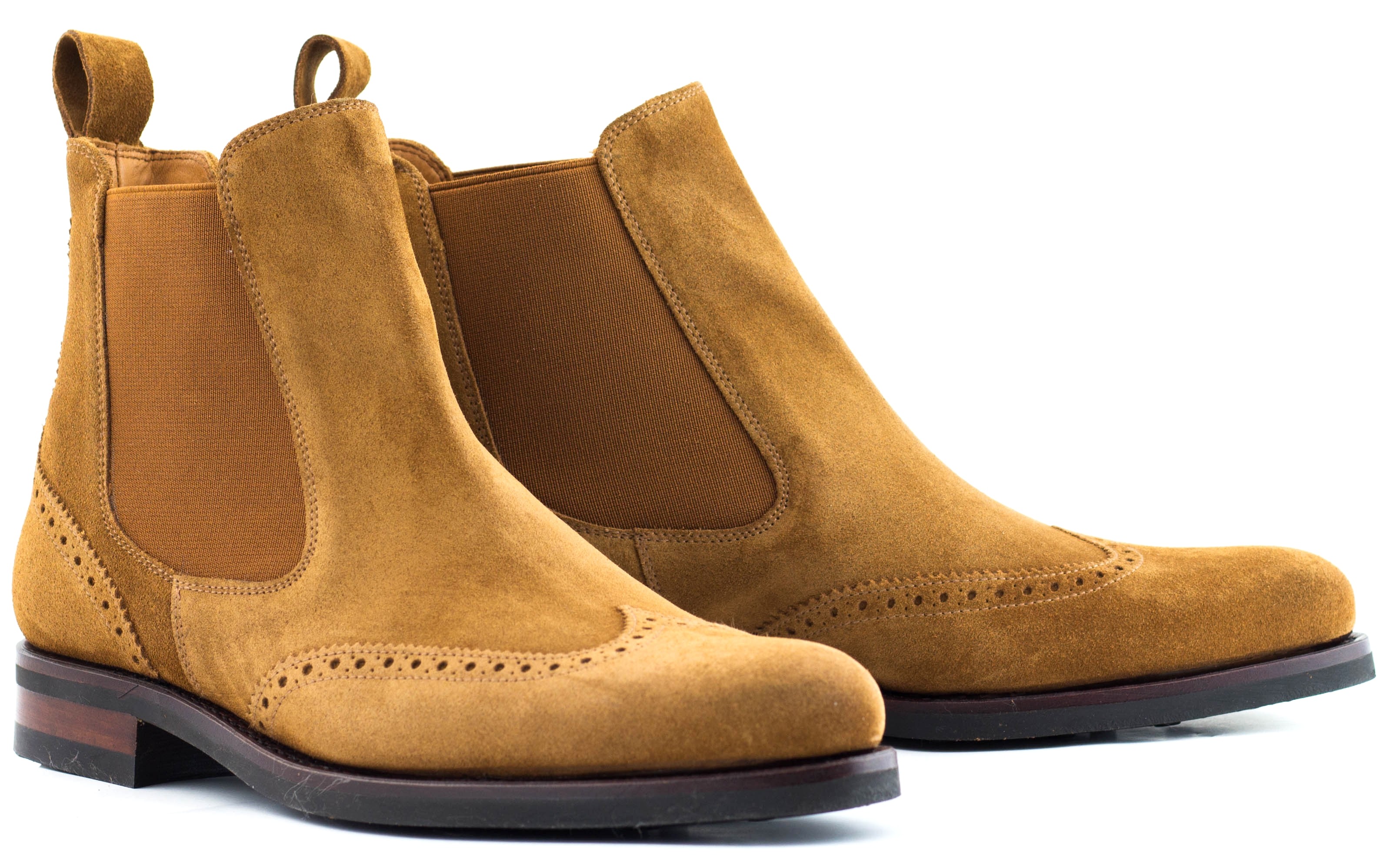Yanko Hellbrauner Veloursleder-Chelsea-Stiefel mit Brogue-Muster für Damen